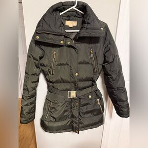 Michael Kors Black Puffer Belted Jacket With Gold Hardware SZ Small